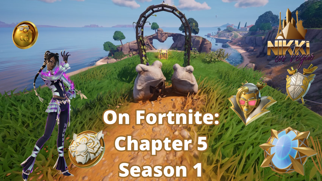 Toad Wedding on Fortnite Chapter 5 season 1 Map with OnFortnite Chapter 5 Season 1 text overlayed, Medallions and Fortnite Character.